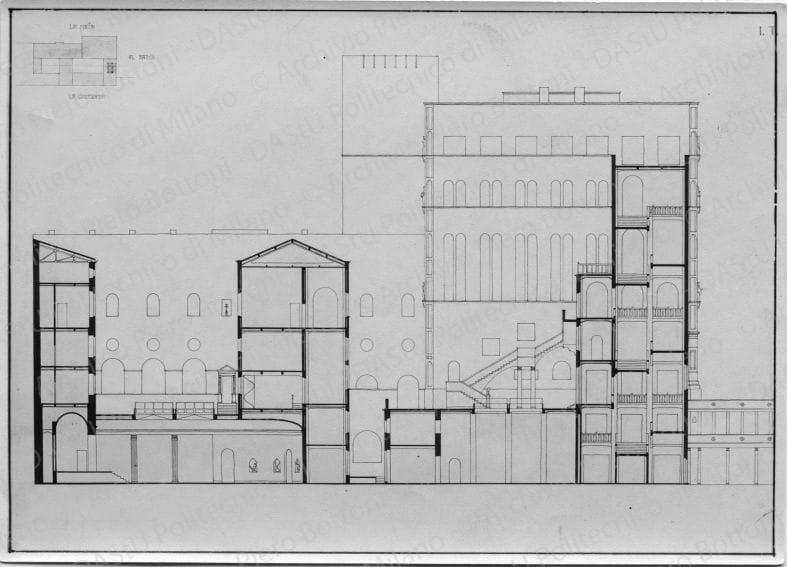Ubaldo Castagnoli, Casa del Popolo. Sezione longitudinale della corte, positivo, bianco e nero, mm 120x167. 