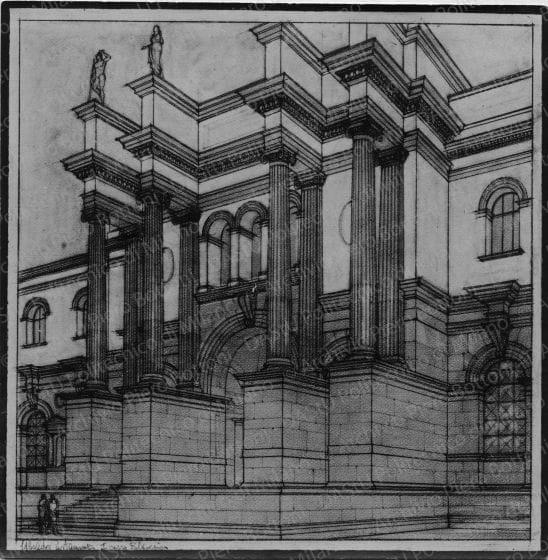 Ubaldo Castagnoli, prospettiva della facciata di un palazzo, I corso Politecnico, positivo, bianco e nero, mm 117x117.