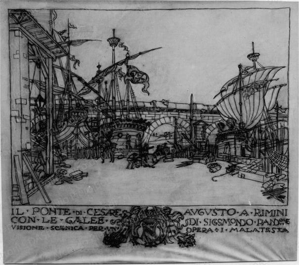 Ubaldo Castagnoli, visioni sceniche per l'opera: i Malatesta. Il ponte di Cesare Augusto a Rimini con le galee di Sigismondo Pandolfo, positivo, bianco e nero, mm112x128. 