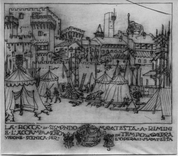 Ubaldo Castagnoli, visioni sceniche per l'opera: i Malatesta. La rocca di Sigismondo malatesta a Rimini e l'accampamento in tempo di guerra, positivo, bianco e nero,mm 112x129. 