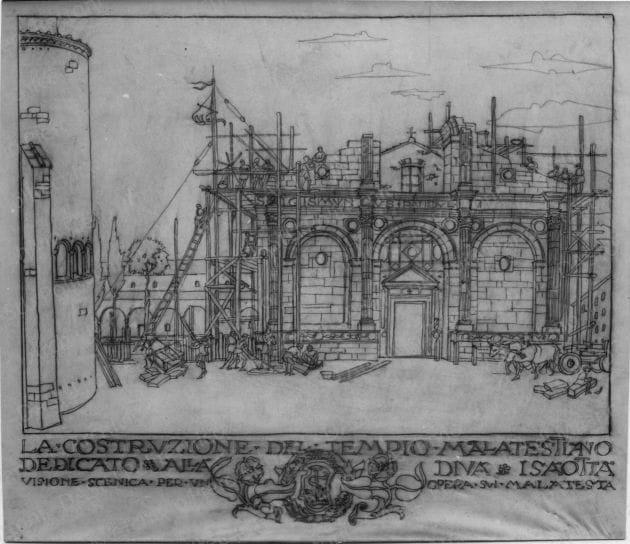 Ubaldo Castagnoli, visioni sceniche per l'opera: i Malatesta. La costruzione del tempio malatestiano dedicato alla Diva Isaotta, positivo, bianco e nero, mm 115x134.