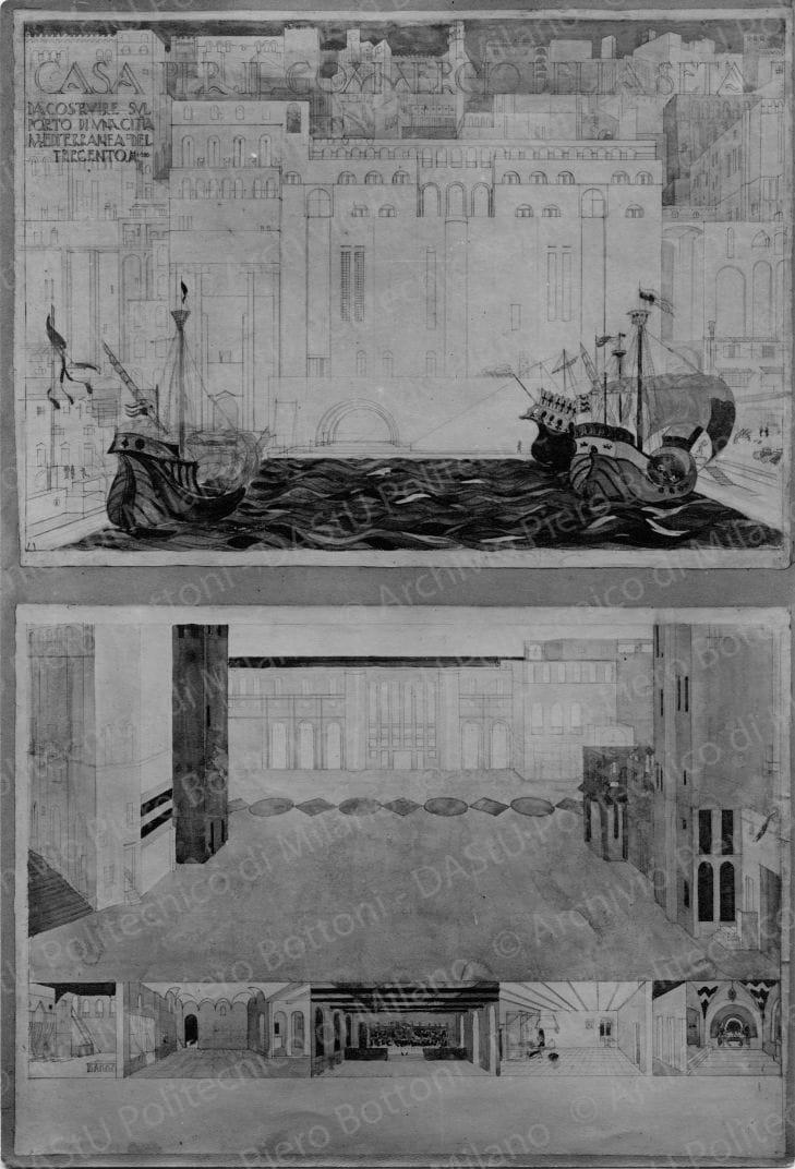 Antonio Cassi, Casa per il commercio della seta da costruire sul porto di una citt? mediterranea del trecento, positivo,bianco e nero, mm 228x155.