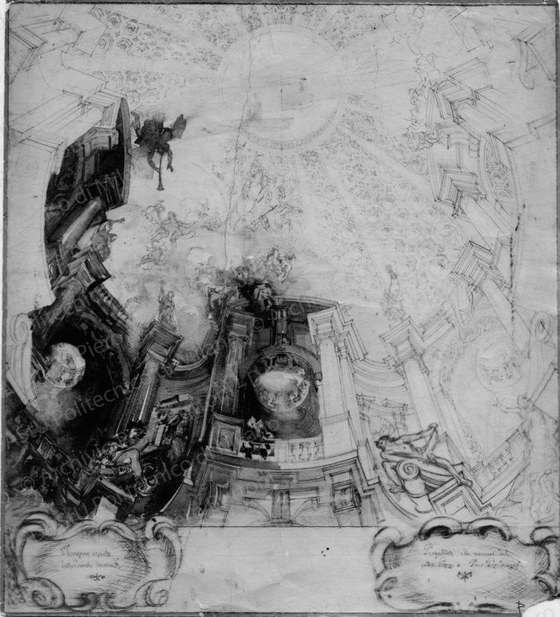 Pino Pizzigoni, decorazione dipinta della cupola barocca, prospettiva alla maniera del padre Pozzi, positivo, bianco enero, mm 187x169. 