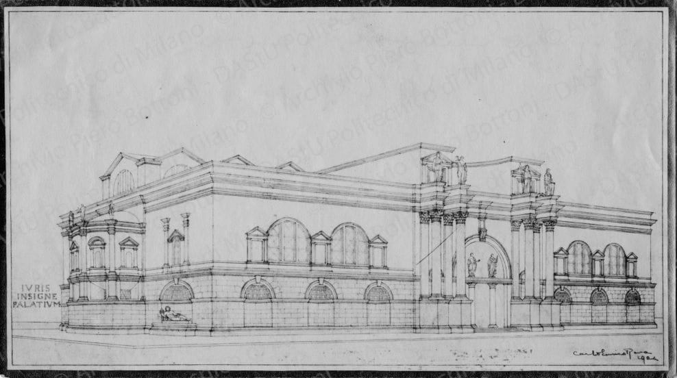 Carlo Enrico Rava, Iuris insigne Palatium, prospettiva della facciata, 1924, positivo, bianco e nero, mm 117x210.