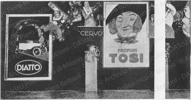 Parete con manifesti pubblicitari, positivo, bianco e nero, mm 181x239. N