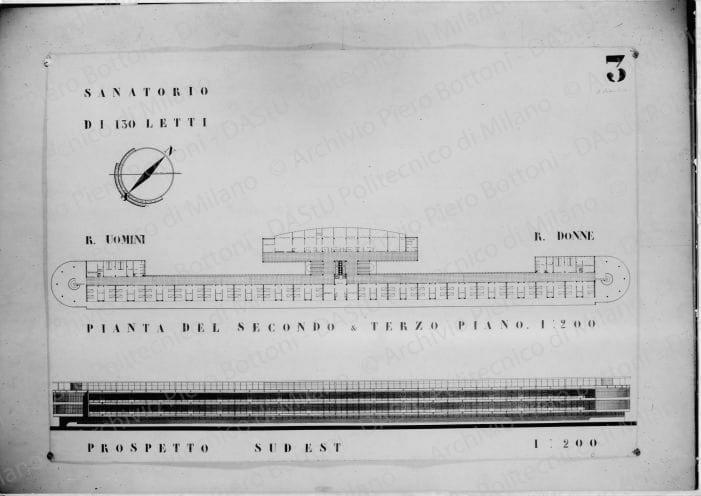 Arch. A. Bianchetti, progetto di Sanatorio di 130 letti, riproduzione di una tavola e viste del plastico. Piante del secondo e terzo piano e prospetto sud est, positivo, bianco e nero, mm 208x295. 