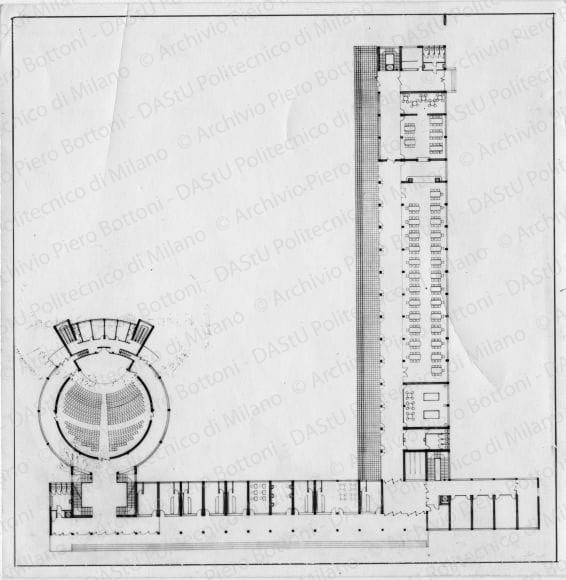Architetti A. Bianchetti, W. Galmanini, C. Pea, progetto di Casa dello studente e sede del Guf in Pavia, 1934, riproduzionedi alcune tavole e viste del plastico. Pianta piano terra, positivo, bianco e nero, mm 122x120. 