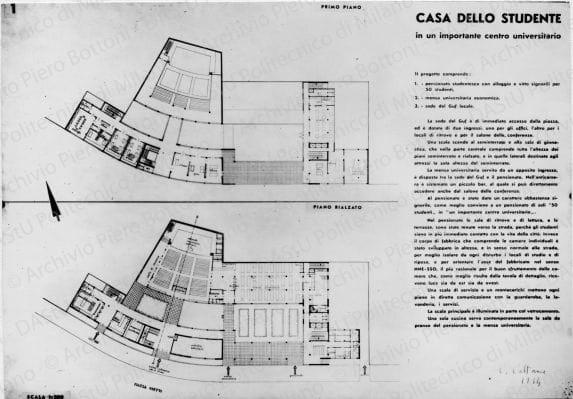 Arch. Cesare Cattaneo, progetto di Casa dello studente, 1934, riproduzione di alcune tavole. Piante del piano rialzato e del primo piano, positivo, bianco e nero, mm 85x120. 