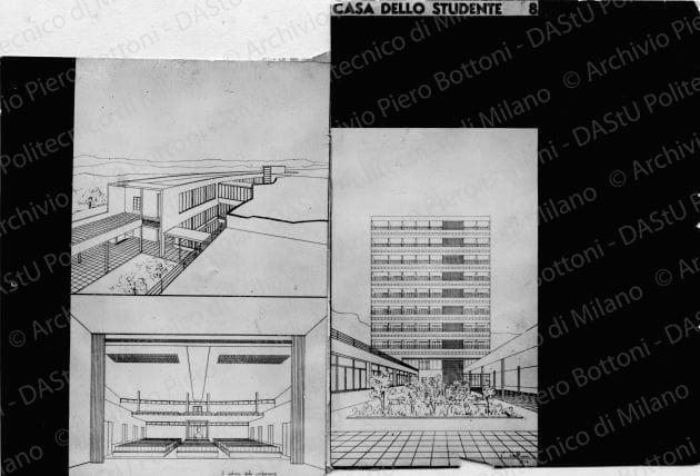 Arch. Cesare Cattaneo, progetto di Casa dello studente, 1934, riproduzione di alcune tavole. Vedute prospettiche, positivo, bianco e nero, mm 92x135. 