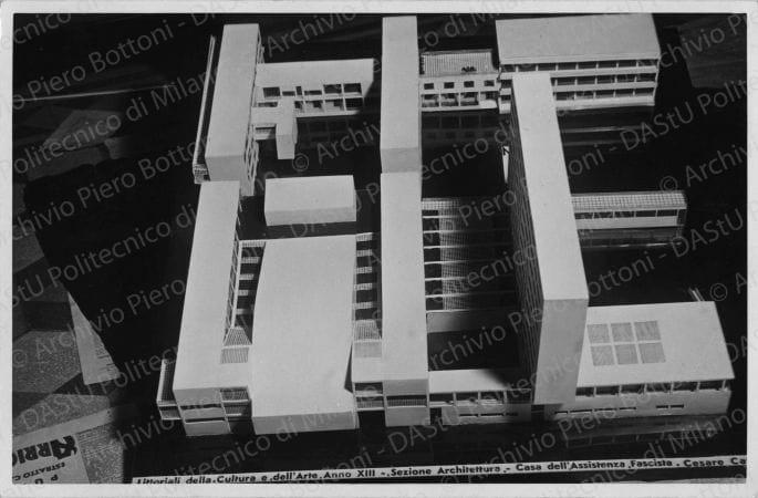 Arch. Cesare Cattaneo, progetto di Casa dell'assistenza fascista per una citt  di 100.000 abitanti, riproduzione di alcune tavole e viste del plastico. Veduta del plastico, positivo, bianco e nero, mm 96x145. 