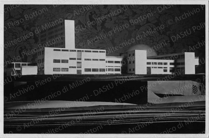 Arch. Cesare Cattaneo, progetto di Casa dell'assistenza fascista per una citt  di 100.000 abitanti, riproduzione di alcune tavole e viste del plastico. Veduta del plastico, positivo, bianco e nero, mm 96x145. 