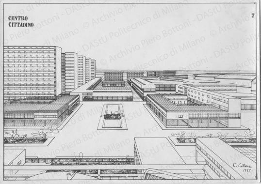 Arch. Cesare Cattaneo, progetto di Centro cittadino, 1935, riproduzione di alcune tavole e viste del plastico. Vista prospettica, positivo, bianco e nero, mm 160x228. 