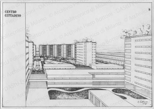 Arch. Cesare Cattaneo, progetto di Centro cittadino, 1935, riproduzione di alcune tavole e viste del plastico. Vista prospettica, positivo, bianco e nero, mm 160x228.