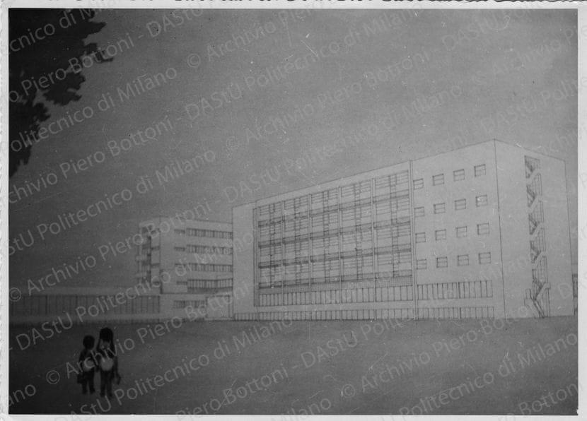 Arch. Giordano Fosti, progetto di (?), riproduzione di una veduta prospettica e vista del plastico. Vista prospettica, positivo, bianco e nero, mm 126x175. 