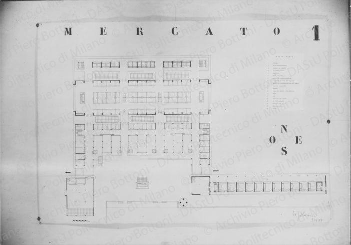 Arch. W. Galmanini, progetto di un Mercato e di un Sanatorio, riproduzione di due tavole. Pianta del piano terra del mercato, positivo, bianco e nero, mm 208x296. 