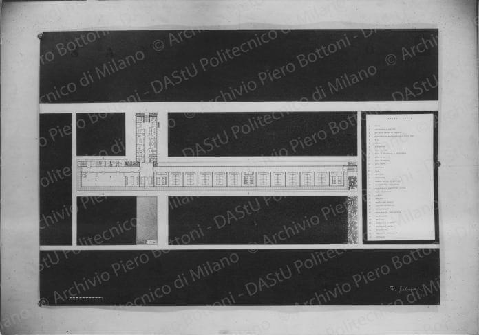 Arch. W. Galmanini, progetto di un Mercato e di un Sanatorio, riproduzione di due tavole. Pianta del piano letti del Sanatorio, positivo, bianco e nero, mm 208x295.