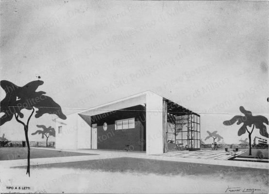 Arch. Franco Longoni, progetto di villetta economica tipo a 5 letti, riproduzione di una veduta prospettica. Vista prospettica, positivo, bianco e nero, mm 85x117.