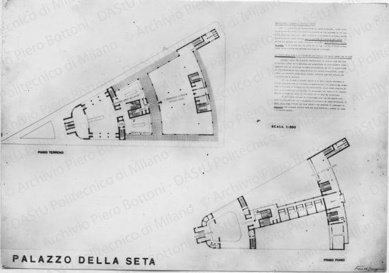 Arch. Franco Longoni, progetto del Palazzo della seta, riproduzione di tavola e vista del plastico. Pianta del piano terra e primo, positivo, bianco e nero, mm 83x119. 