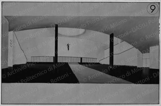 Arch. C. Pea, progetto di Scuola d'architettura. Riproduzione di veduta prospettica del grande atrio dell'aula magna, positivo, bianco e nero, mm 146x222.