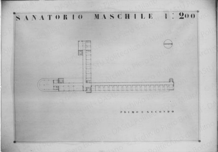 Arch. C. Pea, progetto di Sanatorio maschile, riproduzione di due tavole. Pianta dei piani primo e secondo, positivo, bianco e nero, mm 207x295. 