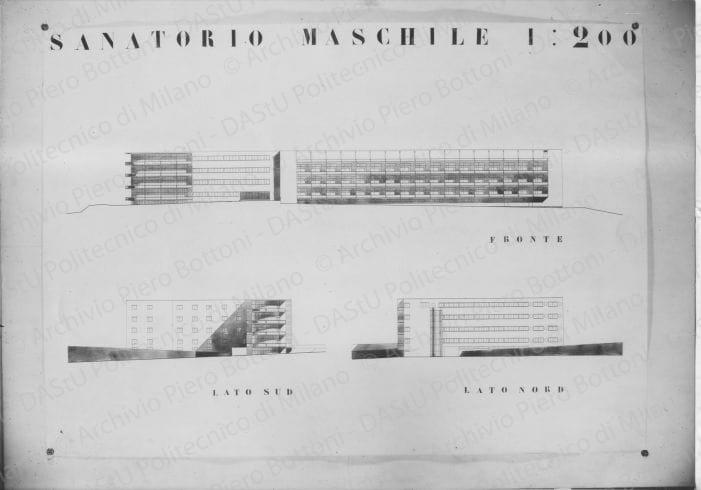 Arch. C. Pea, progetto di Sanatorio maschile, riproduzione di due tavole. Prospetti, positivo, bianco e nero, mm 208x295.