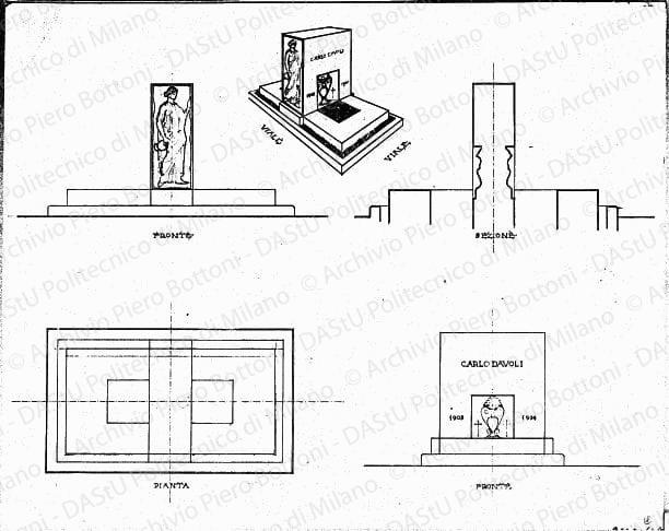 Pianta, sezione, prospetti e assonometria, scala 1:10, s.d. Matita e china su lucido, cm 49,5x62,6. 