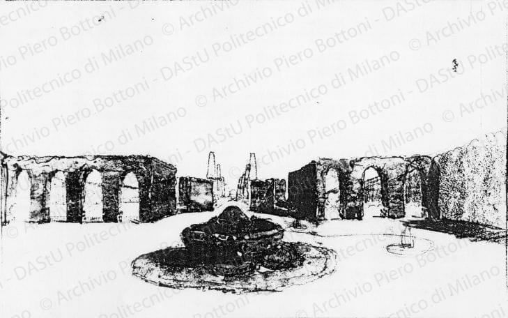Schizzo prospettico del viale giardino, s.d. Matita carbone e acquerello sucarta, cm 21,0x33,0. 