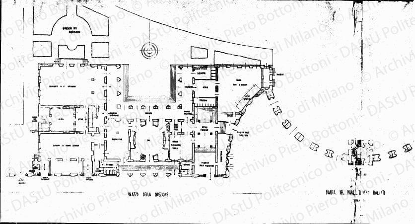 Palazzo della direzione, palazzo delle cerimonie, pianta piano terreno rialzato,scala 1:100, 12 aprile. Matita e acquerello su carta, cm 67,5x215,0. 