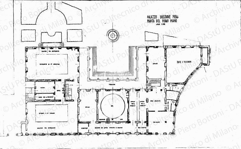 Palazzo della direzione Fiera, pianta primo piano, scala 1:100, 12 aprile. Matitae acquerello su carta, cm 62,9x92,9. 