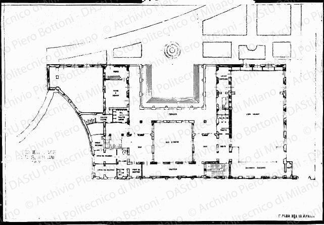 Palazzo delle cerimonie, pianta primo piano, scala 1:100, 12 aprile. Matita eacquerello su carta, cm 64,2x93,9. 