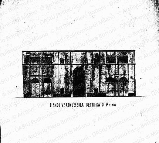 Fianco verso l?esedra rettificato, prospetto, scala 1:100, s.d. Matita eacquerello su cartoncino, cm 39,0x40,5. 