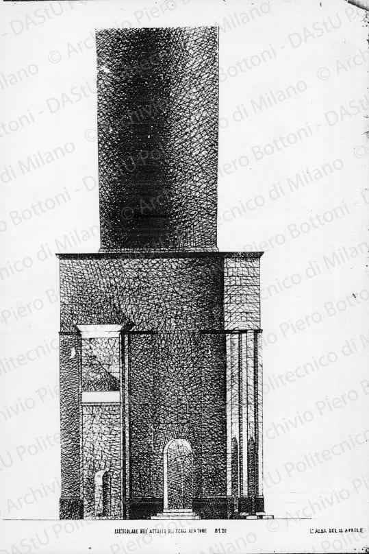 Particolare dell?attacco dell?esedra alla torre, prospetto, scala 1:20, 12 aprile.Matita carbone su cartoncino, cm 117,5x84,7. 