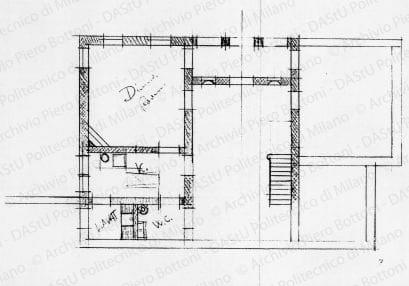 Pianta piano terra, scala 1:100, s.d. Matita su lucido, cm 16,6x23,9. 