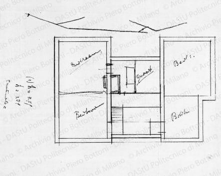 Pianta piano primo, scala 1:100, s.d. Matita su lucido, cm 17,7x26,2. 