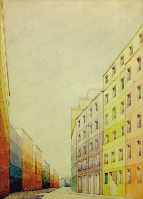 Strada n.2B, meriggio, veduta prospettica, s.d. Acquerelli su carta, cm 24,7x18,0. Incorniciato con gli altri, cm 43x156.