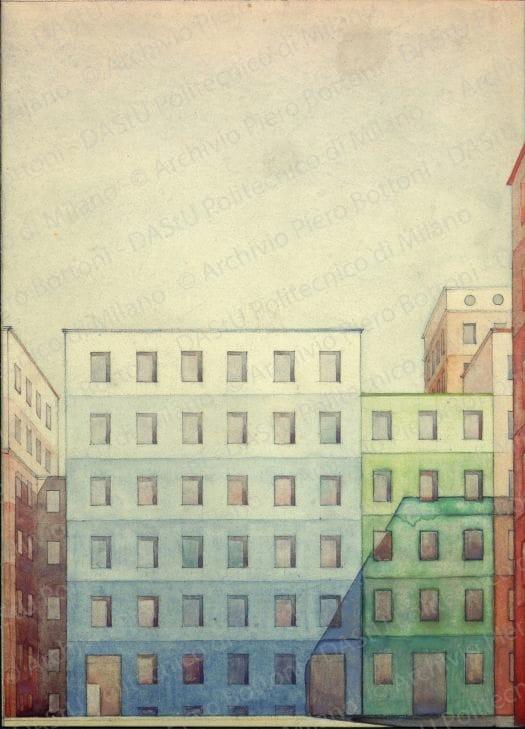 Strada n.3, pomeriggio, veduta prospettica, s.d. Acquerelli su carta, cm 24,9x18,0. Incorniciato con gli altri, cm 43x156.