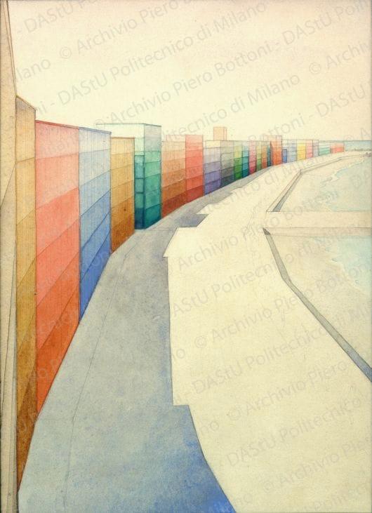 Strada n.4, lungo il mare, veduta prospettica, s.d. Acquerelli su carta, cm 24,8x18,4. Incorniciato con gli altri, cm 43x156.