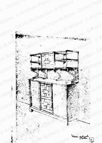Schizzo prospettico, s.d. Eliografia su carta, firmata da P. Bottoni, cm 24,9 x 14,4.