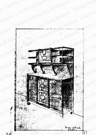 Schizzo prospettico, s.d. Eliografia su carta, firmata da P. Bottoni, cm 24,7 x 17,2.