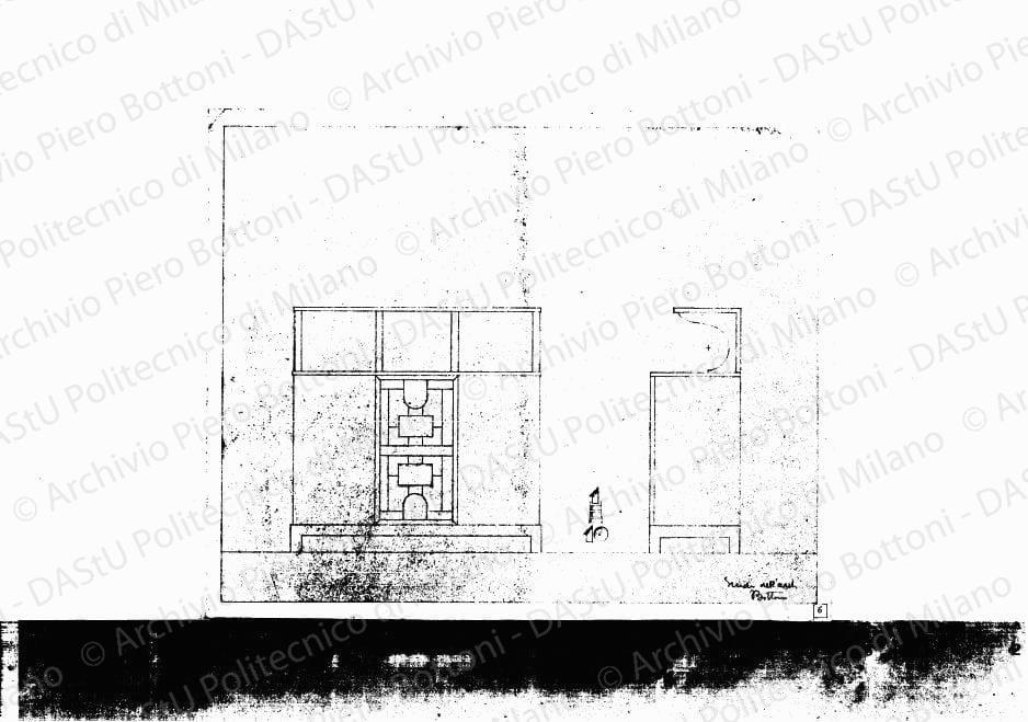 Fronte e fianco, scala 1:10, s.d. Eliografia su carta, firmata da P. Bottoni, cm 29,9 x 37,0.