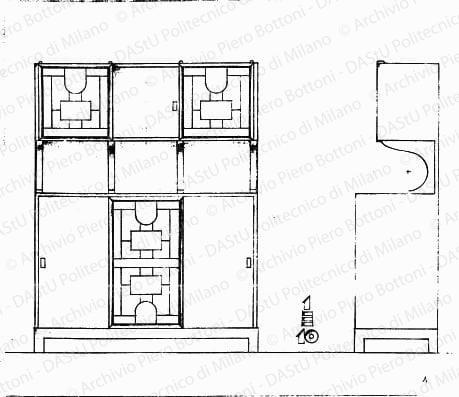 Prospetto e fianco, scala 1:10, s.d. Matita su lucido, cm 26,2x32,7. 