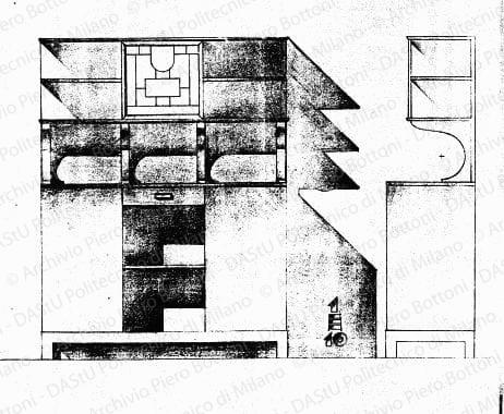 Prospetto e fianco, scala 1:10, s.d. Matita e matita colorata su lucido, cm 27,5x31,4. 