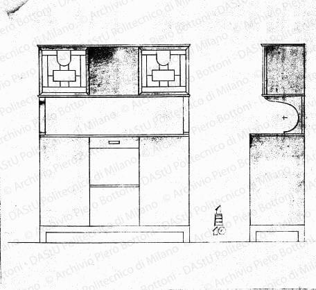 Prospetto e fianco, scala 1:10, s.d. Matita su lucido, cm 29,7x35,0.