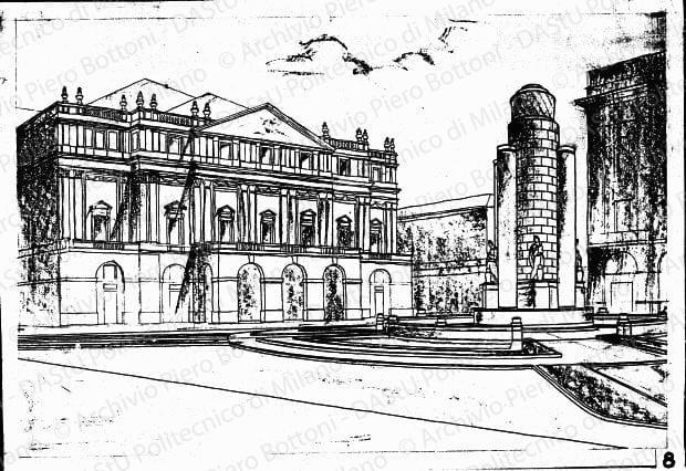 Veduta prospettica piazza con fontana, s.d. Matita, matita carbone e china su cartoncino, cm 39,1x56,7. 