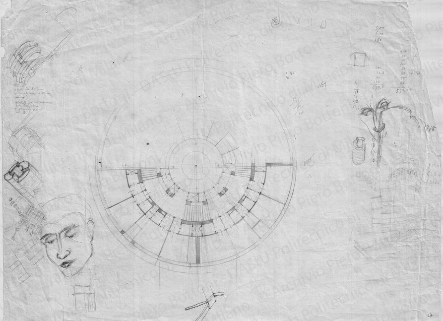 Pianta, scala 1:200, s.d. Matita su carta, cm 41,7x56,3. Schizzi e annotazioni a matita. 