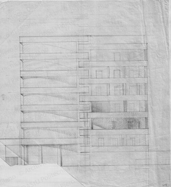 Prospetto, scala 1:100, s.d. Matita su lucido, cm 38,4x35,1. 