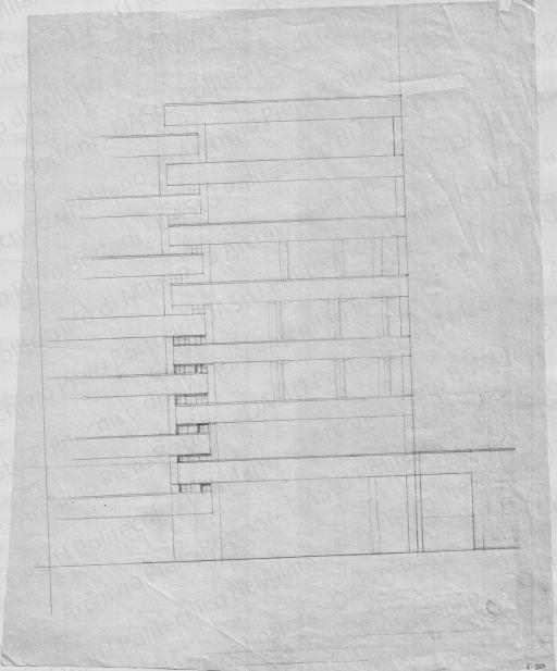 Prospetto, scala 1:100, s.d. Matita su lucido, cm 38,9x30,8. 