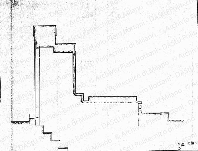 Sezione longitudinale, scala 1:10, s.d. Matita su lucido, cm 39,8x52,3. 