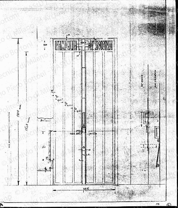 Particolare cancello ingresso, prospetto e sezione, scala 1:5, prot. 1354, s.d. Matita su lucido, cm50,1x41,0. 