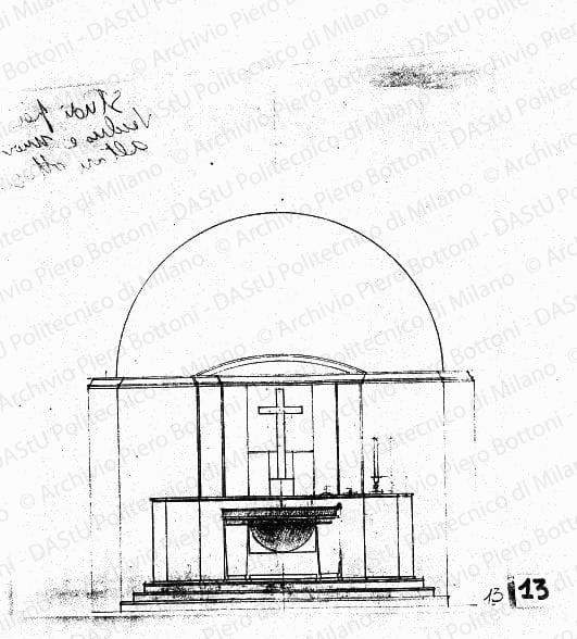 Prospetto altare, scala 1:20, s.d. Matita su lucido, cm 38,0x33,6. Annotazione manoscritta: Studi per vecchio e nuovo altare Ottobiano. 